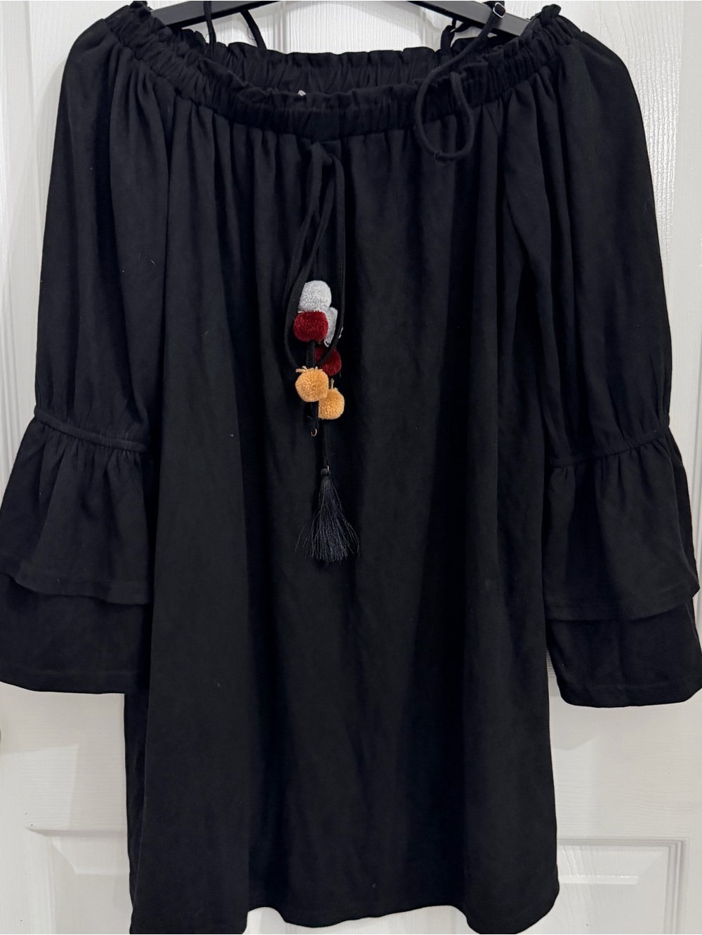 Love Riche Black Off-Shoulder Top with Pom Tassel Detail